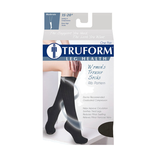 PR/1 TRUFORM LADIES 15-20MMHG RIB-PATTERN KNEE-HIGH SOCKS X-LARGE (17 1/2" - 20") BLACK LATEX-FREE
