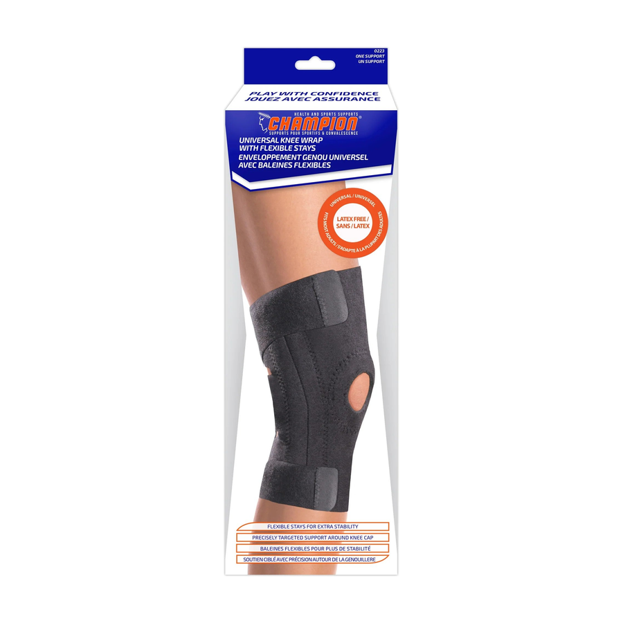 EA/1 CHAMPION UNIVERSAL KNEE WRAP W/ FLEXIBLE STAYS ONE SIZE 13" - 17 1/2"