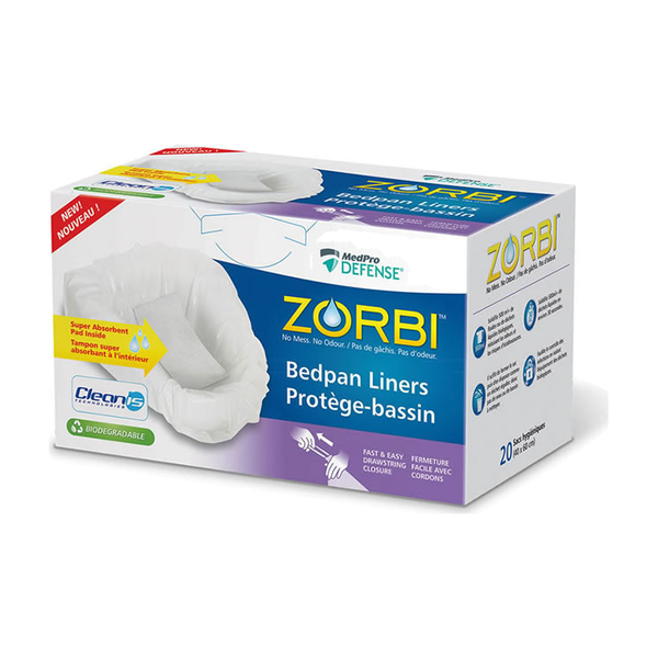 BX/20 ZORBI BIODEGRADABLE BEDPAN LINERS W/DRAWSTRING CLOSURE & POWDER PAD (23.6" X 15.75")