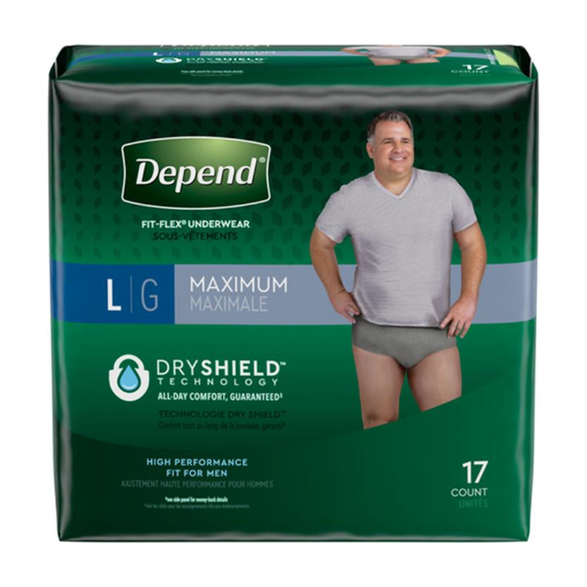 PKG/17 DEPEND FIT-FLEX MAXIMUM UNDERWEAR LARGE MALE CONVENIENCE