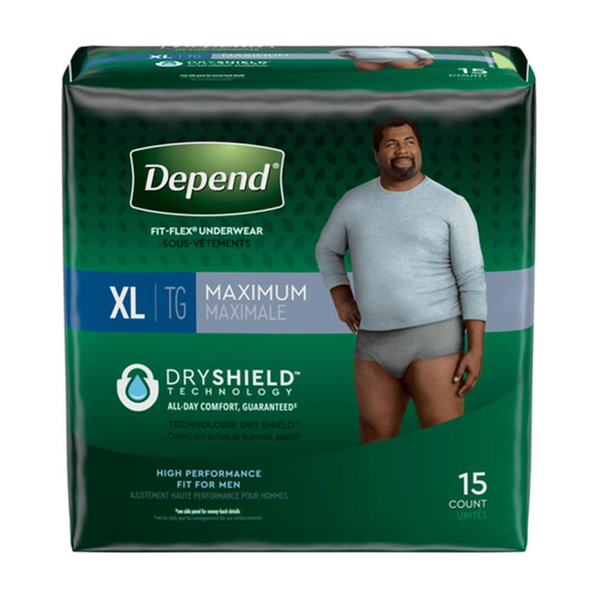 PKG/15 DEPEND FIT-FLEX MAXIMUM UNDERWEAR X-LARGE MALE CONVENIENCE