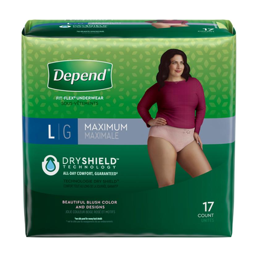 PKG/17 DEPEND FIT-FLEX MAXIMUM UNDERWEAR LARGE FEMALE CONVENIENCE