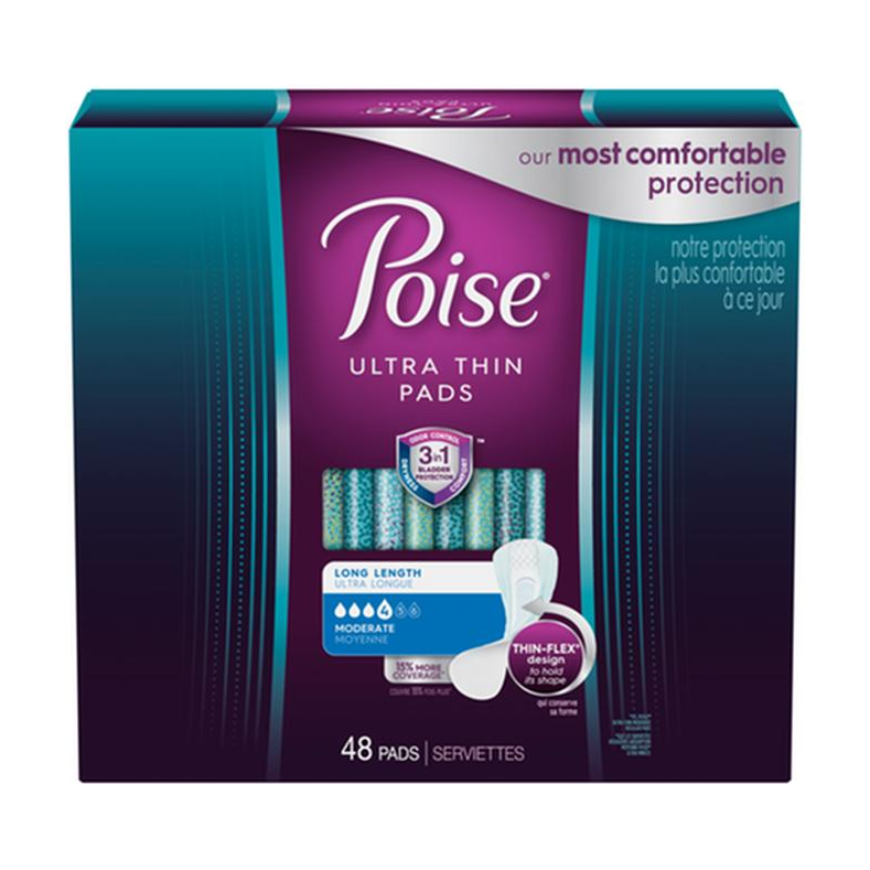 PKG/48 POISE ULTRA THIN MODERATE LONG NON-WINGED PADS CONVENIENCE