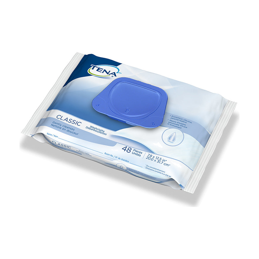 PKG/48 TENA CLASSIC WASHCLOTHS, MILD SCENT, ALCOHOL-FREE