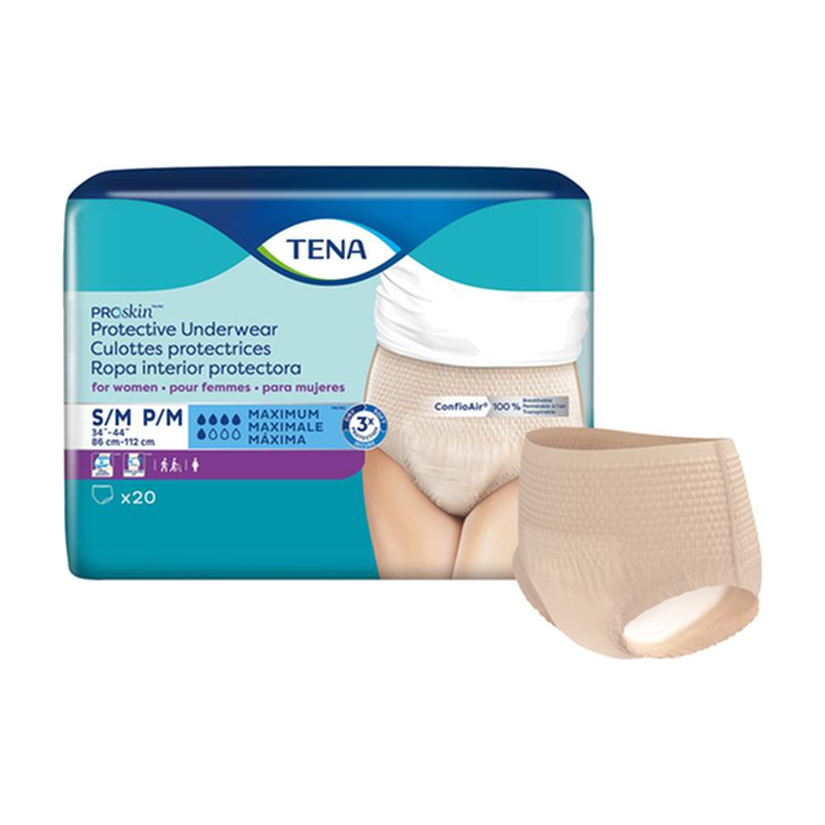 CS/4PKG (20/PKG) TENA PROSKIN UNDERWEAR FOR WOMEN, MAXIMUM ABSORBENCY,NUDE, SIZE SMALL/MEDIUM 86-11 Heavy Item