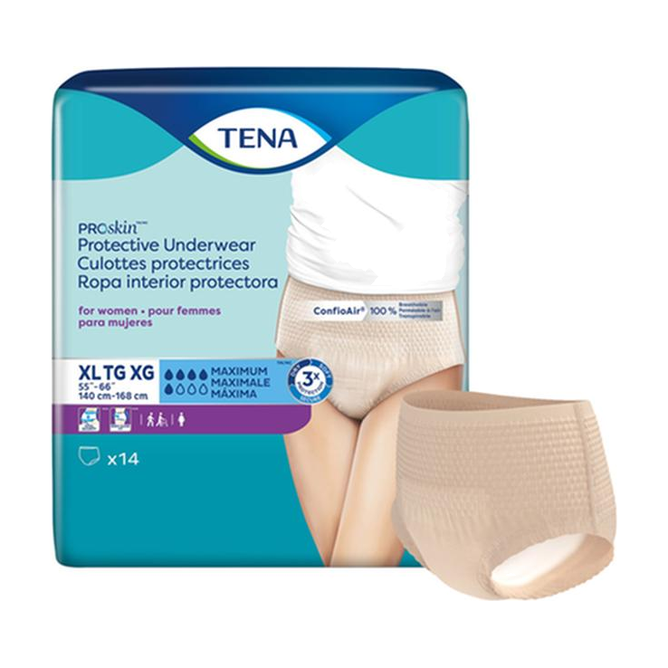 CS/4PKG (14/PKG) TENA PROSKIN UNDERWEAR FOR WOMEN, MAXIMUM ABSORBENCY,NUDE, SIZE X-LARGE 140-168CM Heavy Item