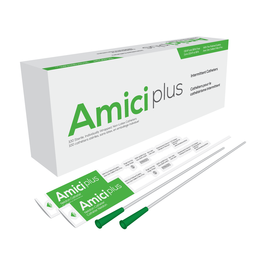 BX/100 AMICI PLUS MALE INTERMITTENT CATHETERS, SIZE 14FR 16IN