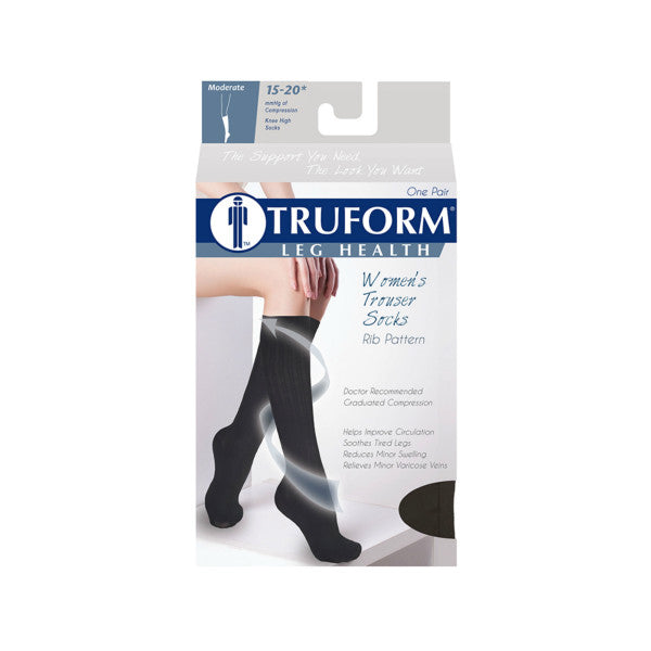 PR/1 TRUFORM LADIES 15-20MMHG RIB-PATTERN KNEE-HIGH SOCKS X-LARGE (17 1/2" - 20") BLACK LATEX-FREE