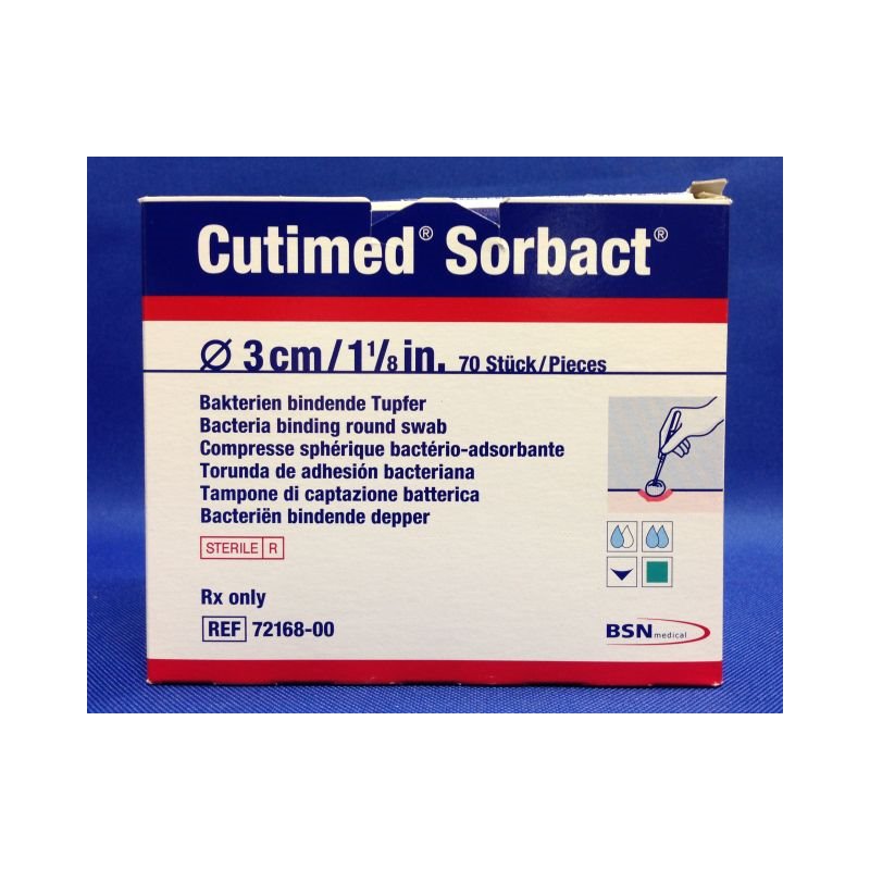 BX/14 CUTIMED SORBACT ANTIMICROBIAL ROUND SWAB W/BACTERIA BINDING ACTION 3.5CM