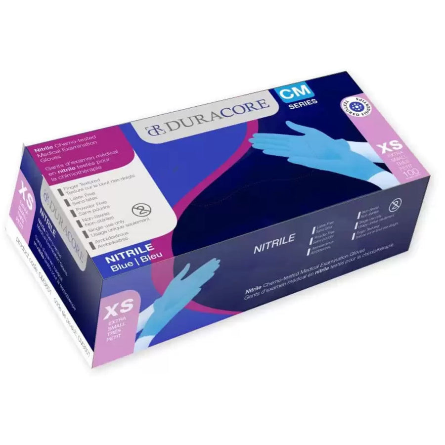 BX100 DURACORE BLUE NITRILE EXAM GLOVE XS CHEMO-TESTED FINGER-TEXTURE NON STERILE POWDER FREE 3.2MIL