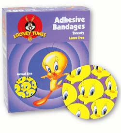 BX/100 BANDAGE ADHESIVE PLASTIC SPOTS 7/8" ROUND TWEETY BIRD PRINT STERILE LATEX-FREE
