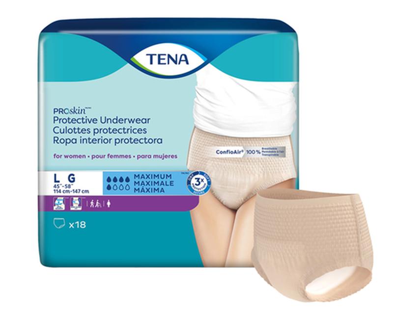 CS/4PKG (18/PKG) TENA PROSKIN UNDERWEAR FOR WOMEN, MAXIMUM ABSORBENCY,NUDE, SIZE LARGE 114-147CM Heavy Item More info...