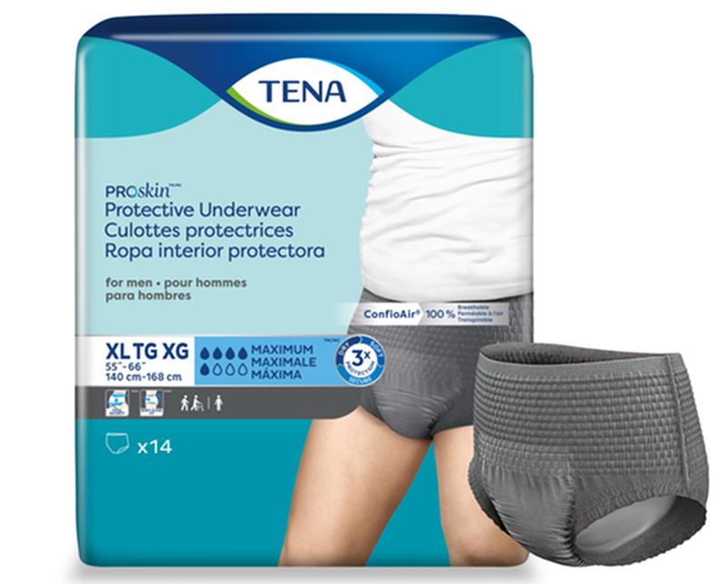 CS/4PKG (14/PKG) TENA PROSKIN UNDERWEAR FOR MEN, MAXIMUM ABSORBENCY,GREY, SIZE X-LARGE 140-168CM Heavy Item More info...