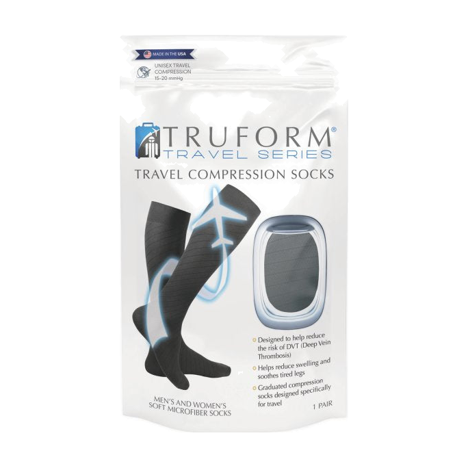 PR/1 TRUFORM TRAVEL SERIES 15-20MMHG COMPRESSION SOCKS KNEE-HIGH CLOSED-TOE UNISEX BLACK MEDIUM (13