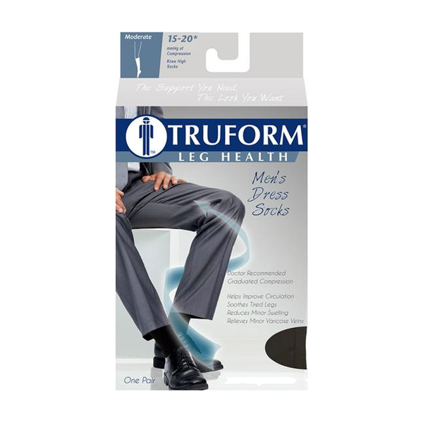 PR/1 TRUFORM MEN'S DRESS STYLE 15-20MMHG KNEE-HIGH COMPRESSION SOCK BLACK X-LARGE (12 AND OVER) LATE