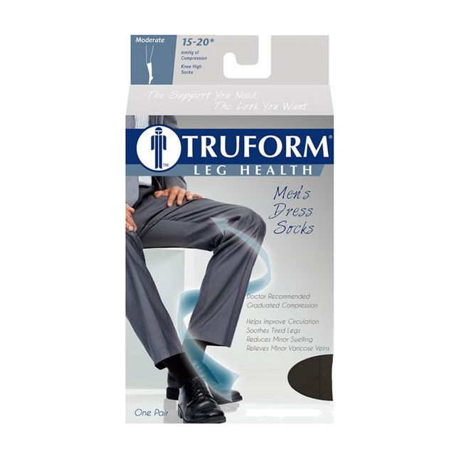 PR/1 TRUFORM MEN'S DRESS STYLE 15-20MMHG KNEE-HIGH COMPRESSION SOCK BLACK X-LARGE (12 AND OVER) LATE