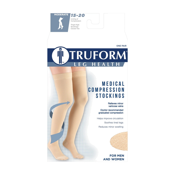 TRUFORM COMPRESSION STOCKING, THIGH HIGH 15-20MMHG, CLOSED TOE, BEIGE LARGE