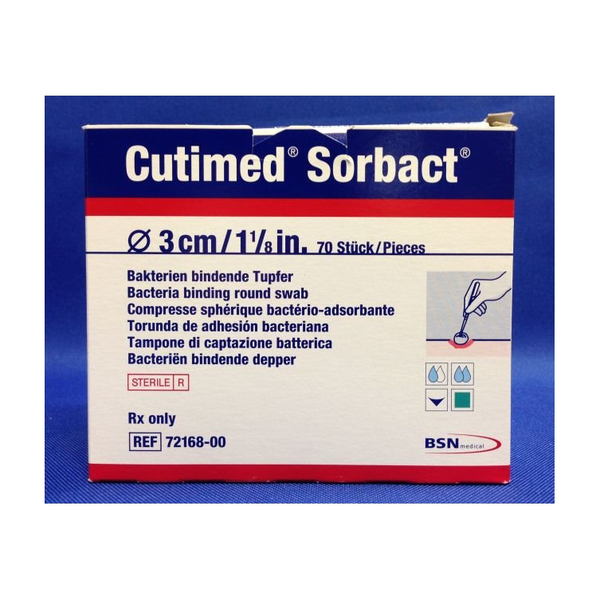 BX/14 CUTIMED SORBACT ANTIMICROBIAL ROUND SWAB W/BACTERIA BINDING ACTION 3.5CM