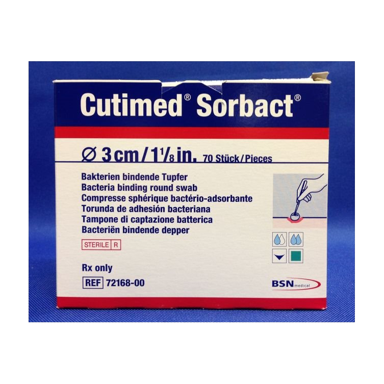 BX/14 CUTIMED SORBACT ANTIMICROBIAL ROUND SWAB W/BACTERIA BINDING ACTION 3.5CM