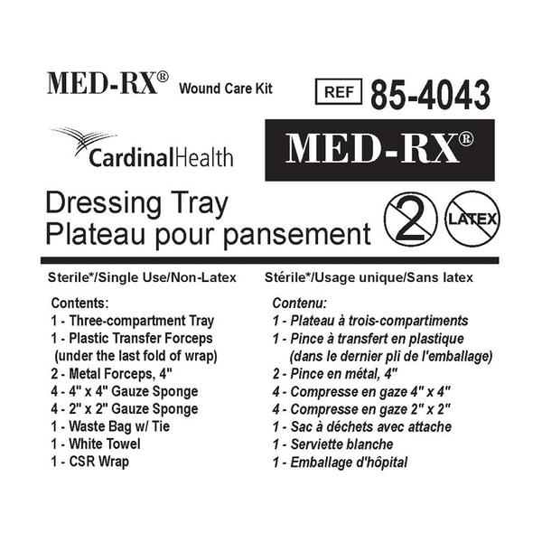 EA/1 DRESSING TRAY STERILE LATEX-FREE 3-PART TRAY FORCEPS GAUZE TOWEL CSR WRAP BAG W/ TIE
