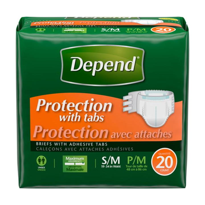 PKG/20 DEPEND MAINLINE MAXIMUM BRIEFS SM/MD UNISEX CONVENIENCE