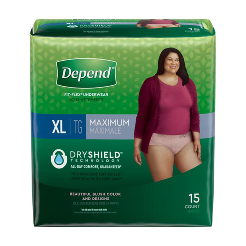 PKG/15 DEPEND FIT-FLEX MAXIMUM UNDERWEAR X-LARGE FEMALE CONVENIENCE
