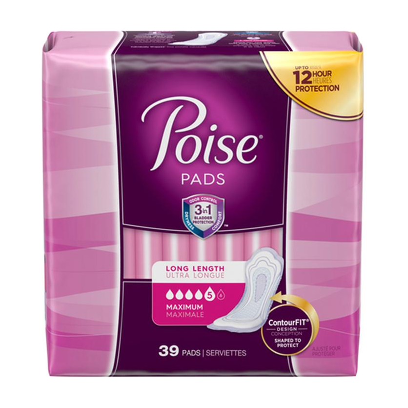 PKG/39 POISE ORIGINAL MAXIMUM LONG NON-WINGED PADS CONVENIENCE