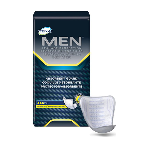 CS/6PKG (20/PKG) TENA FOR MEN MAXIMUM GUARD ONE SIZE NON-WOVEN BACKSHEET W/ ADHESIVE STRIP WHITE Heavy Item