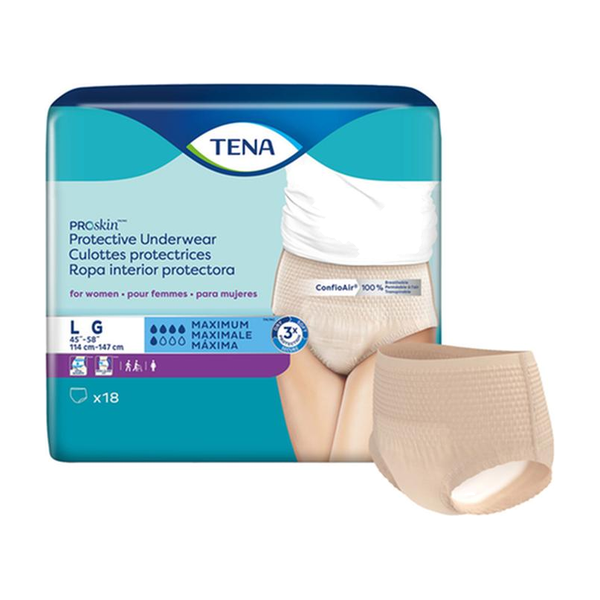 CS/4PKG (18/PKG) TENA PROSKIN UNDERWEAR FOR WOMEN, MAXIMUM ABSORBENCY,NUDE, SIZE LARGE 114-147CM Heavy Item