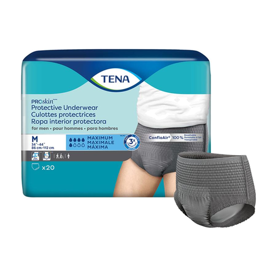CS/4PKG (20/PKG) TENA PROSKIN UNDERWEAR FOR MEN, MAXIMUM ABSORBENCY,GREY, SIZE MEDIUM 86-112CM Heavy Item