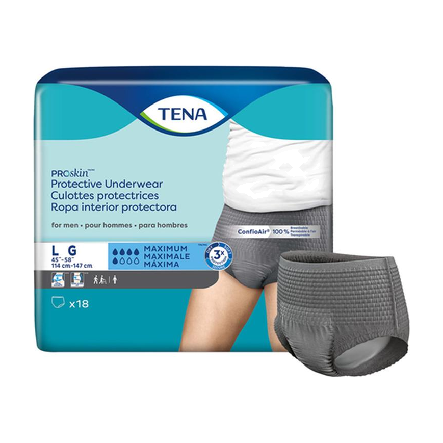 CS/4PKG (18/PKG) TENA PROSKIN UNDERWEAR FOR MEN, MAXIMUM ABSORBENCY,GREY, SIZE LARGE 114-147CM Heavy Item