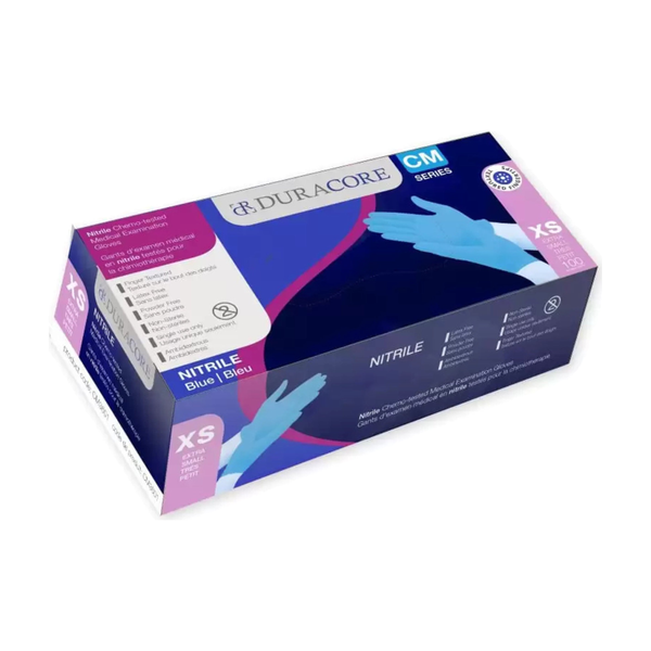BX100 DURACORE BLUE NITRILE EXAM GLOVE XS CHEMO-TESTED FINGER-TEXTURE NON STERILE POWDER FREE 3.2MIL