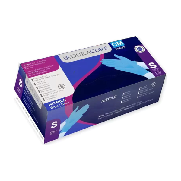 BX100 DURACORE BLUE NITRILE EXAM GLOVE CHEMO-TESTED TIP-TEXTURE NON STERILE POWDER FREE 3.2MIL SMALL
