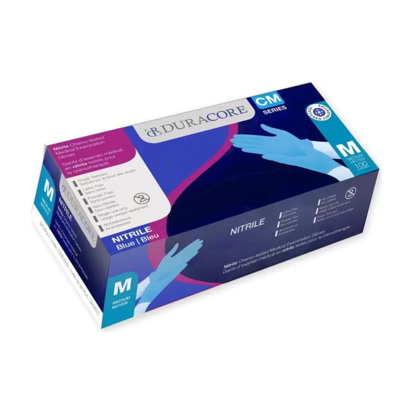 BX100 DURACORE BLUE NITRILE EXAM GLOVE MD CHEMO-TESTED FINGER-TEXTURE NON STERILE POWDER FREE 3.2MIL