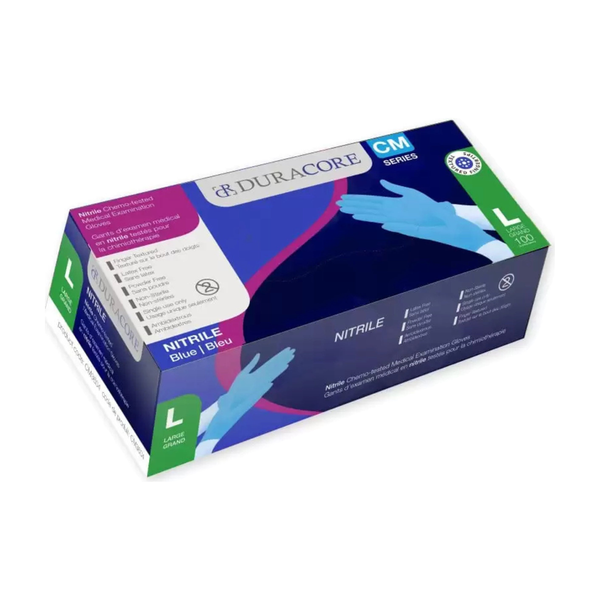 BX100 DURACORE BLUE NITRILE EXAM GLOVE CHEMO-TESTED TIP-TEXTURE NON STERILE POWDER FREE 3.2MIL LARGE