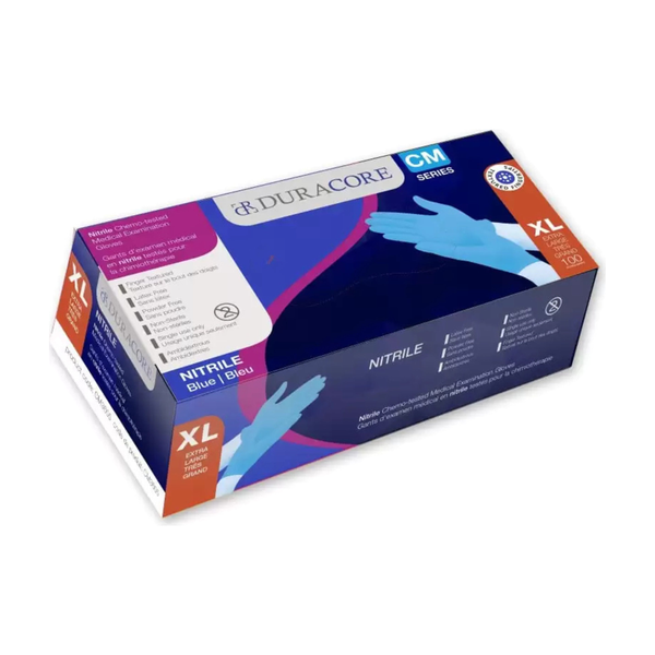 BX/100 DURACORE BLUE NITRILE EXAM GLOVE CHEMO-TESTED FINGER-TEXTURE NS POWDER FREE 3.2MIL XLRG