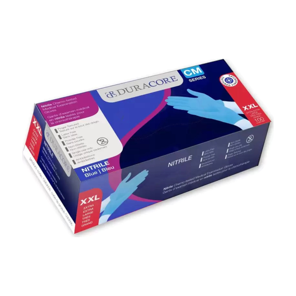 BX/100 DURACORE BLUE NITRILE EXAM GLOVE CHEMO-TESTED FINGER-TEXTURE POWDER FREE 3.2MIL XXLARGE
