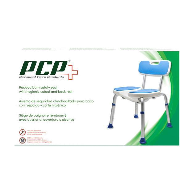 EA/1 ADJUSTABLE PADDED BATH SAFETY SEAT WITH BACK REST/HYGIENIC CUTOUT
