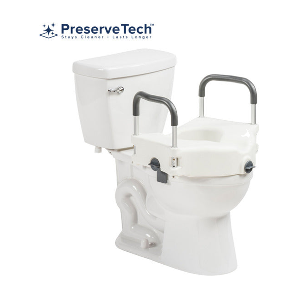 EA PRESERVETECH SECURE-LOCK RAISED TOILET SEAT W/ ARMRESTS 17 1/2" X 20" X 5" CONTOURED (350LBS) * Drive Medical item surcharge included in sell