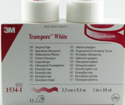 BX/12 TRANSPORE TAPE, 1IN X 10YD, WHITE.