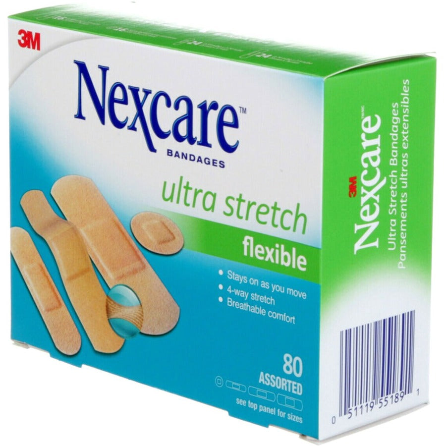 PK/80 NEXCARE ULTRA STRETCH BANDAGES ASSORTED SIZES TAN ELASTIC DIAMOND-SHAPED LATEX-FREE