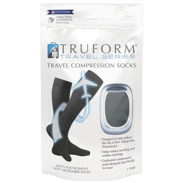 PR/1 TRUFORM TRAVEL SERIES 15-20MMHG COMPRESSION SOCKS KNEE-HIGH CLOSED-TOE UNISEX BLACK X-LARGE (17