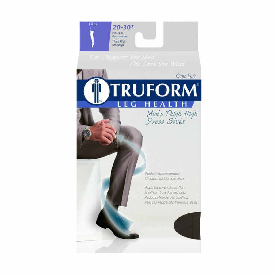 PR/1 TRUFORM MEN'S 20-30MMHG DRESS THIGH-HIGH SOCKS SMALL (15 3/4 - 24 1/2") SILICONE TOP BLACK