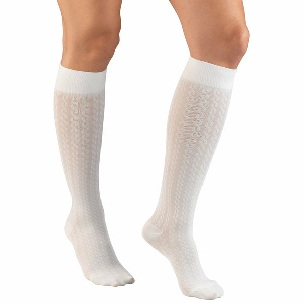 PR/1 LADIES COMPRESSION SOCKS 15-20 MMHG CABLE WHITE, MEDIUM
