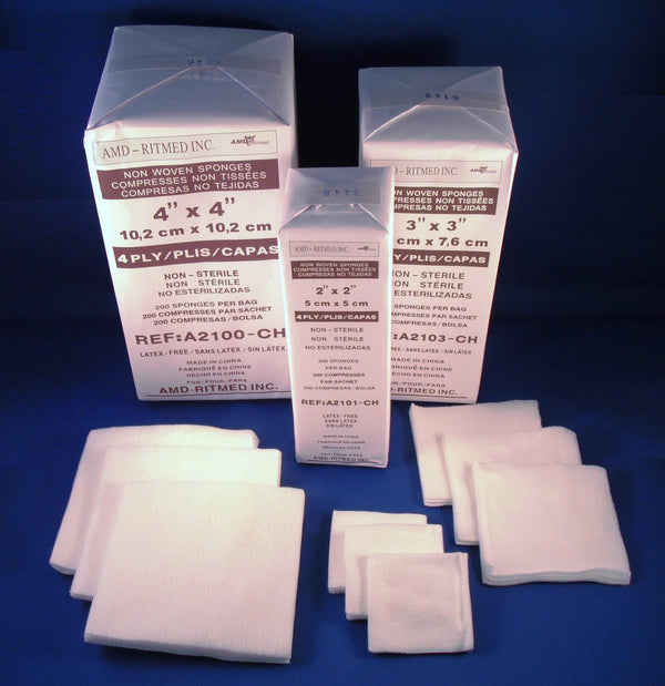 PKG/200 NON-WOVEN, NON-STERILE GAUZE SPONGE, 4IN X 4IN 4PLY