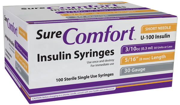 BX/100 SURE COMFORT INSULIN SYRINGE, 30G, 5/16IN (8MM), 3/10CC
