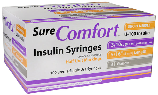 BX/100 SURE COMFORT INSULIN SYRINGE, 31G, 5/16IN (8MM), 3/10CC