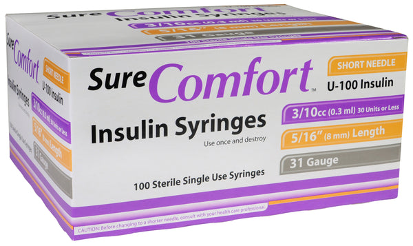 BX/100 SURE COMFORT INSULIN SYRINGE, 31G, 5/16IN (8MM), 3/10CC, 1/2 UNIT