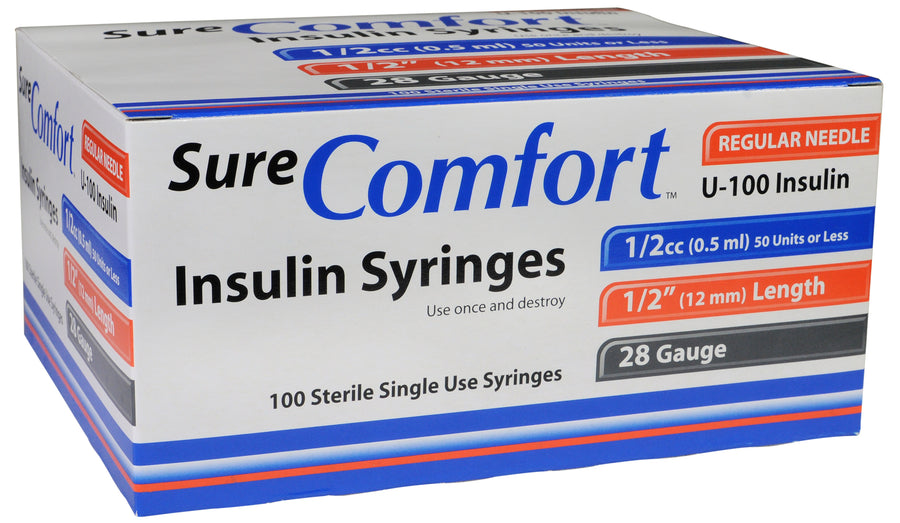 BX/100 SURE COMFORT INSULIN SYRINGE, 28G, 1/2IN (12MM), 1/2CC