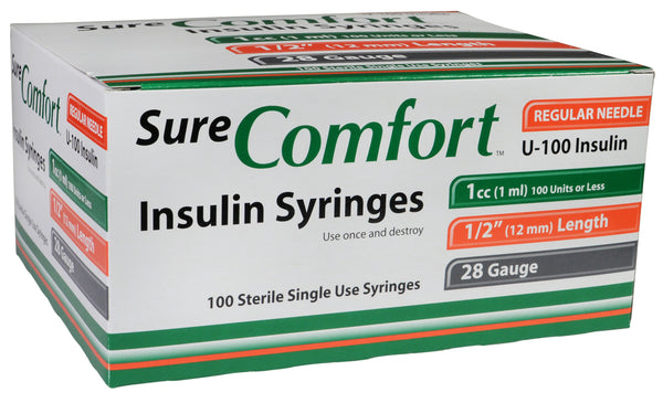 BX/100 SURE COMFORT INSULIN SYRINGE, 28G, 1/2IN (12MM), 1CC